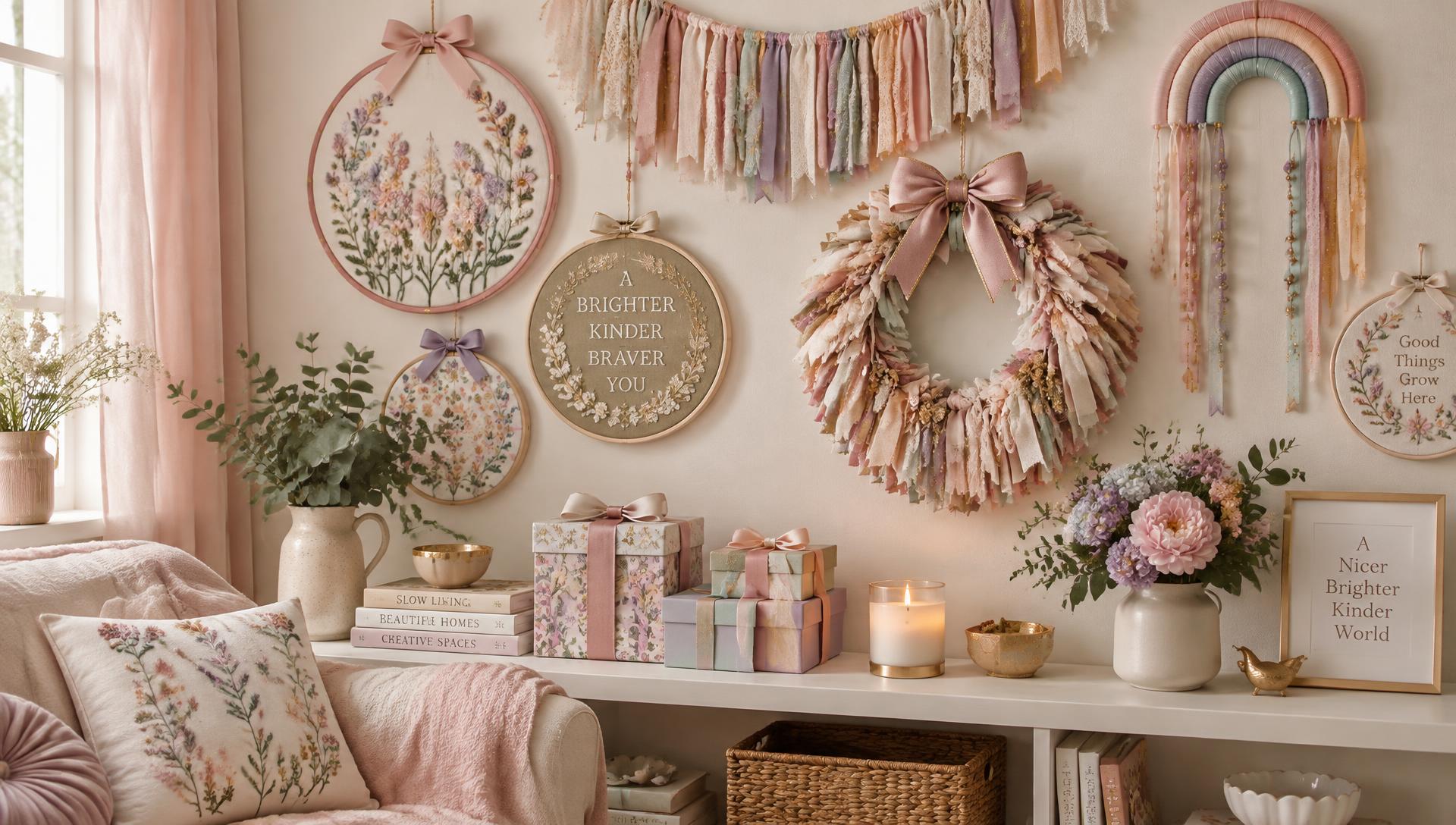 Colourful handmade hoops, garlands and wreaths in a styled room